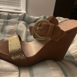 Stuart Weitzman Tan Wedges with Gold Accents